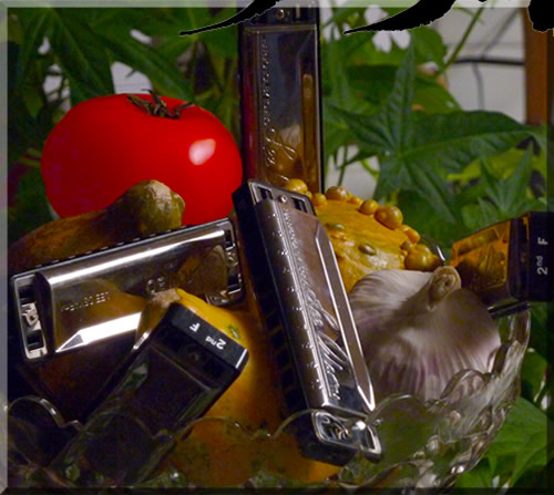 Photo of a still life scene of vegetables interspersed with harmonicas, including a bright, red tomato